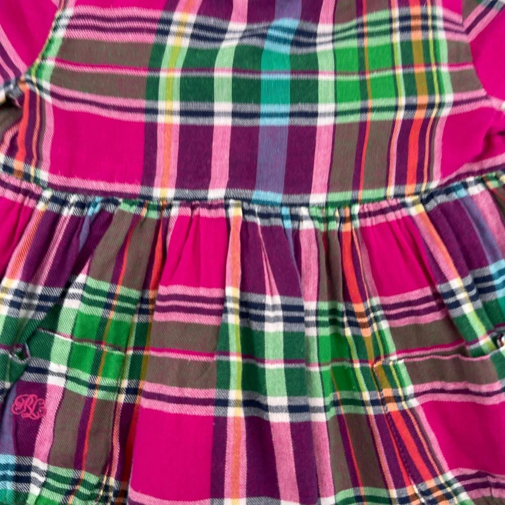 Ralph Lauren Girls Plaid Ruffle Dress Long Sleeve‎ Pink Green 12M